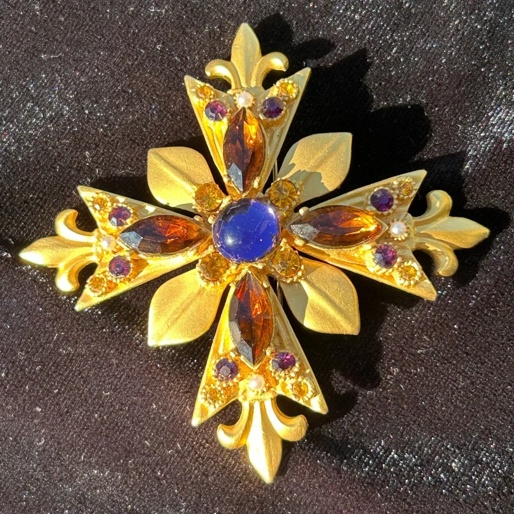 Maltese Cross with Fleur de Lis Brooch Rhinestone Purple Brown Gold Signed